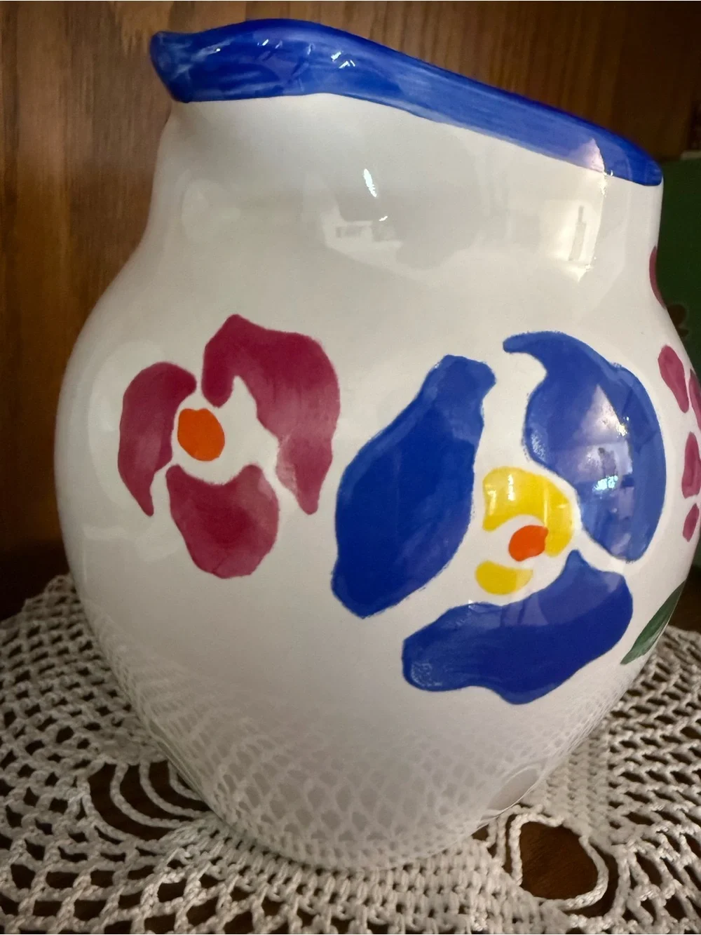 Vintage-hand Painted Floral Ceramic Pitcher in White with Pink and Blue Accents